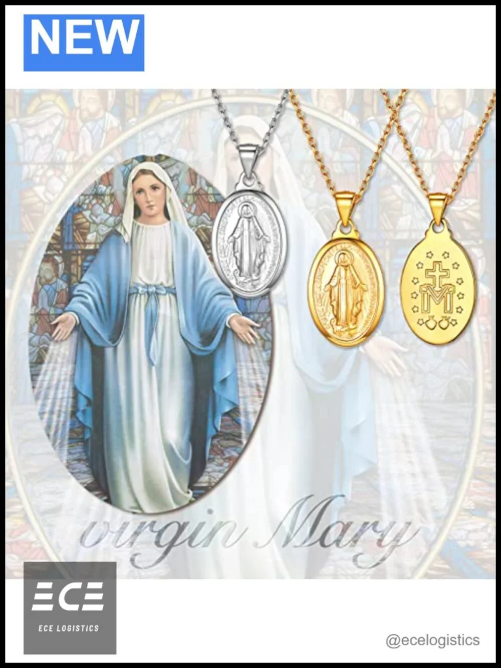 Sterling Silver Virgin Mary Pendant Necklace 18k Gold Plated 18in